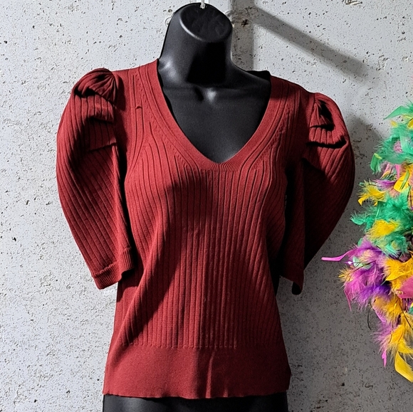 #051 Sz S/P Industry Republic Wine Ribbed Top with Puffed Sleeves - Picture 5 of 7